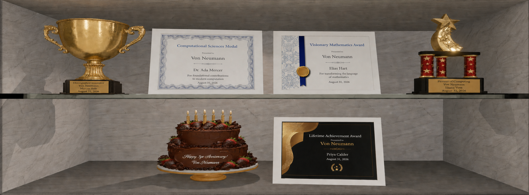 A realistic 3D display case for Von Neumann. Top shelf: goblet, blue border certificate, blue ribbon certificate, and pedestal. Bottom shelf: chocolate cake and black gold certificate in the middle two positions.