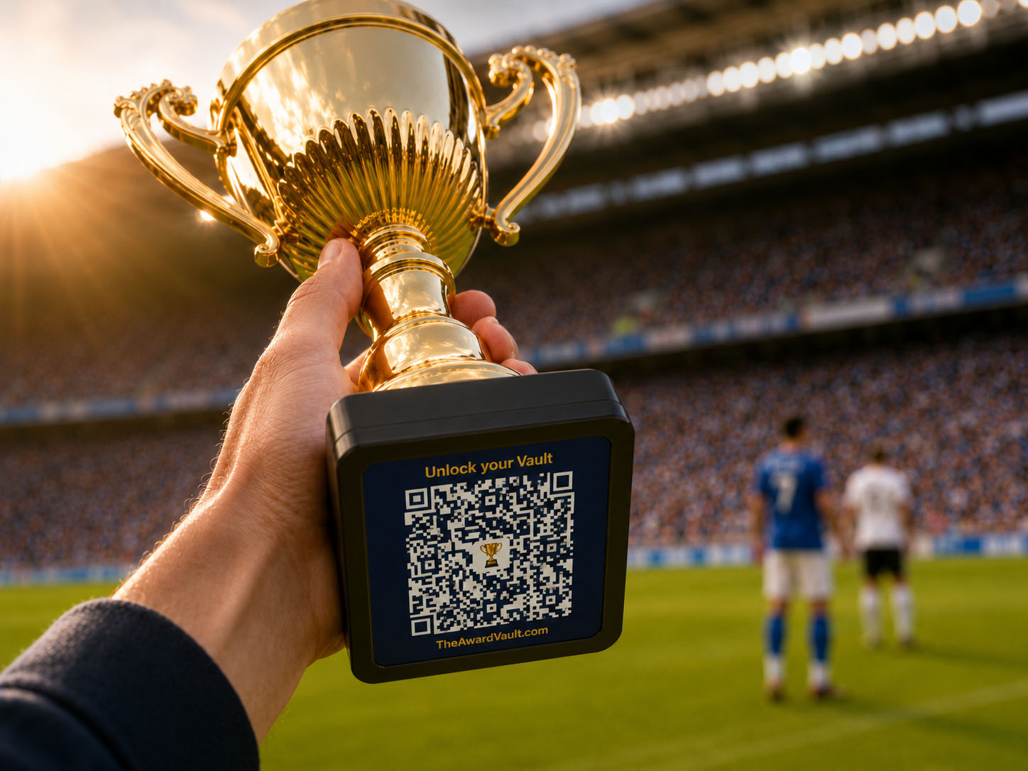 TheAwardVault QR sticker on the base of a physical trophy held aloft